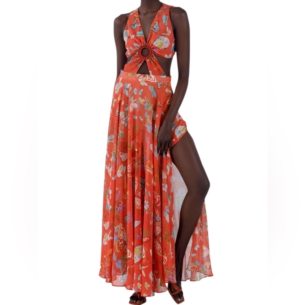 My Beachy Side Butterfly Begonia Cut Out Maxi Dress‎ Romantic Gold Flame NWT